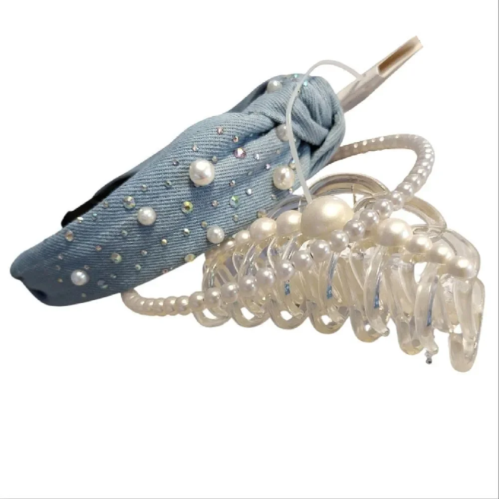 Embellished Pearl Denim Headbands Clip Hair Accessories Lot OF 3 NWT